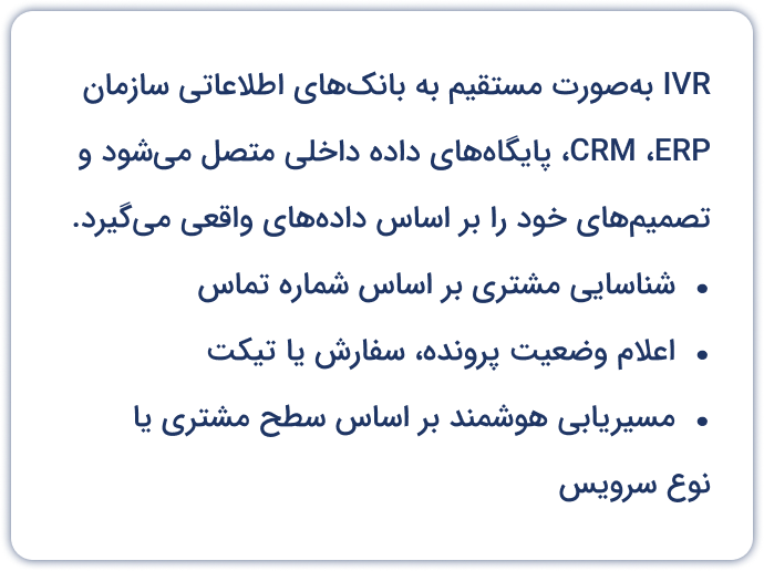 ivr به صورت مستقیم به بانک های اطلاعاتی سازمان متصل می‌شود.